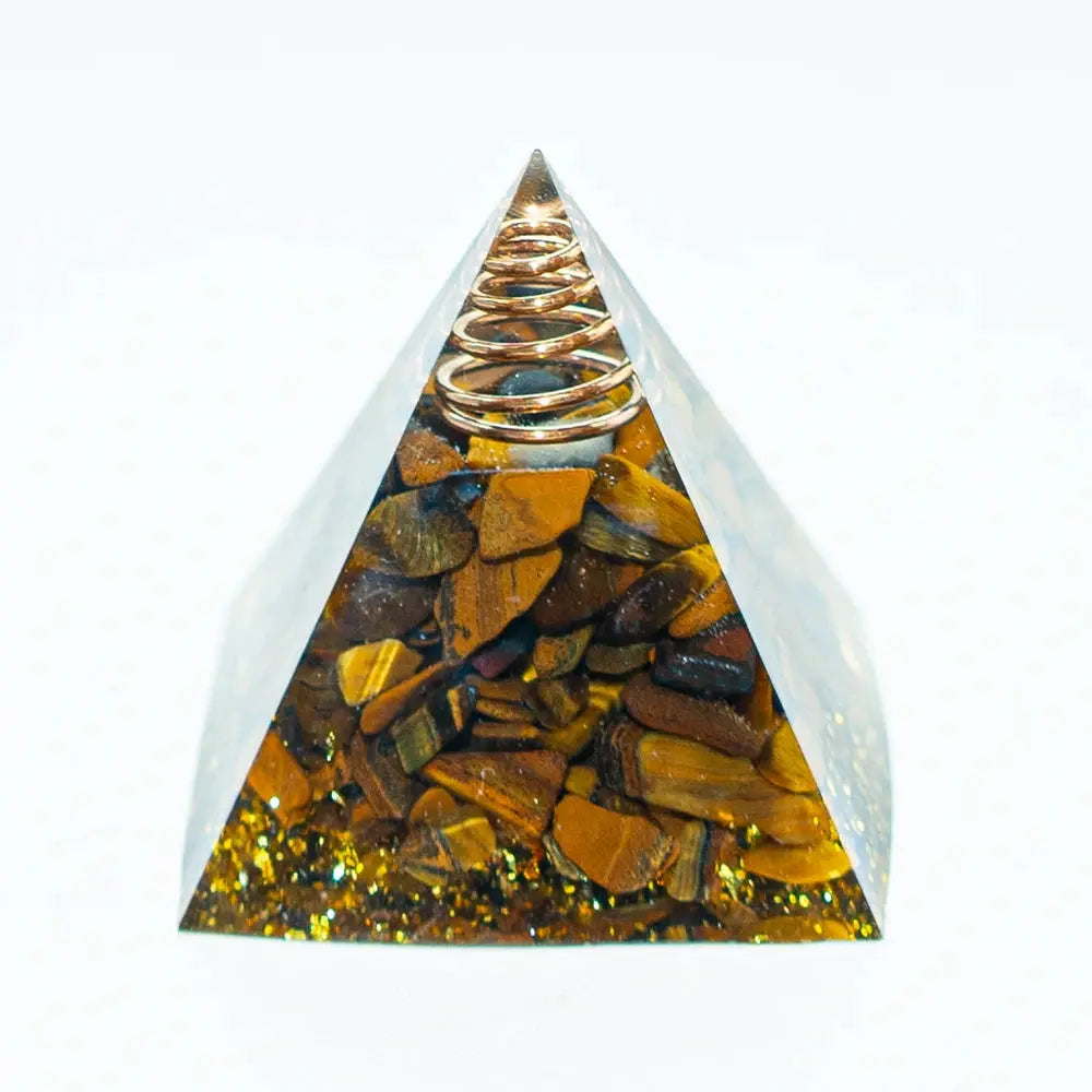 Pyramide Orgonite en Oeil de Tigre avec Feuilles d’Or et Fil de Cuivre NeoSpiritum