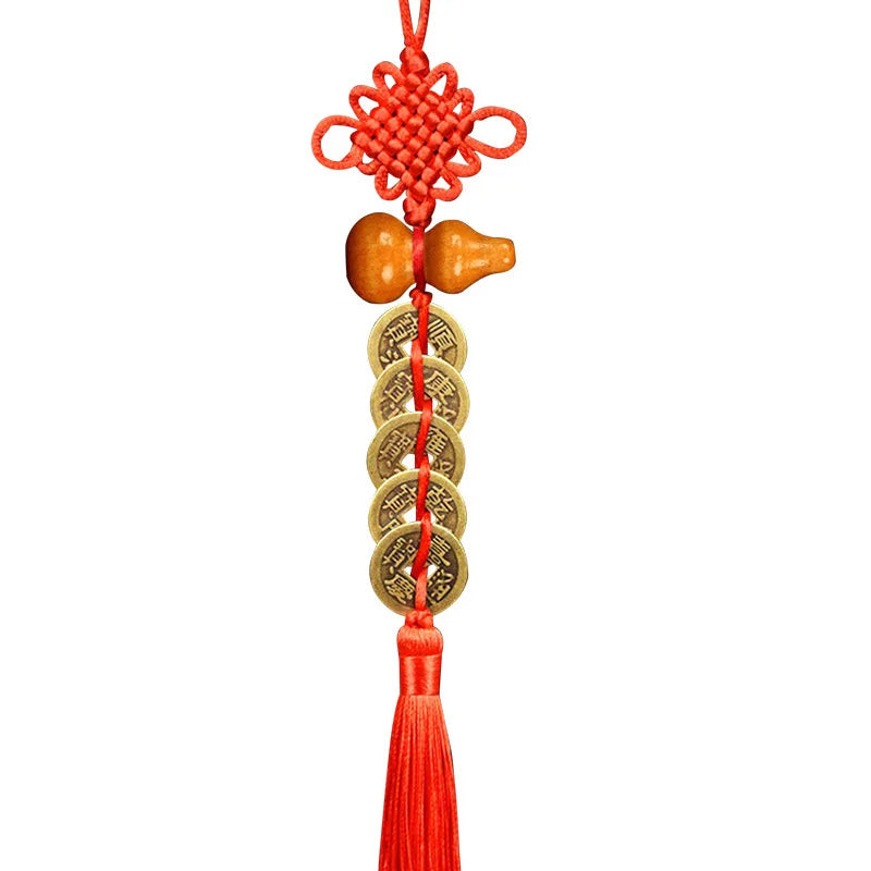 Pendentif Porte-Bonheur - Gourde en Bois avec 5 Pièces de Monnaie des Cinq Empereurs NeoSpiritum