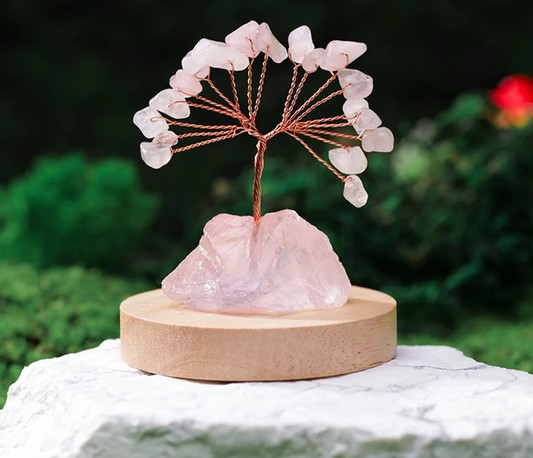 Arbre Porte-Bonheur en Quartz Rose Naturel avec Base en Pierre Brute NeoSpiritum