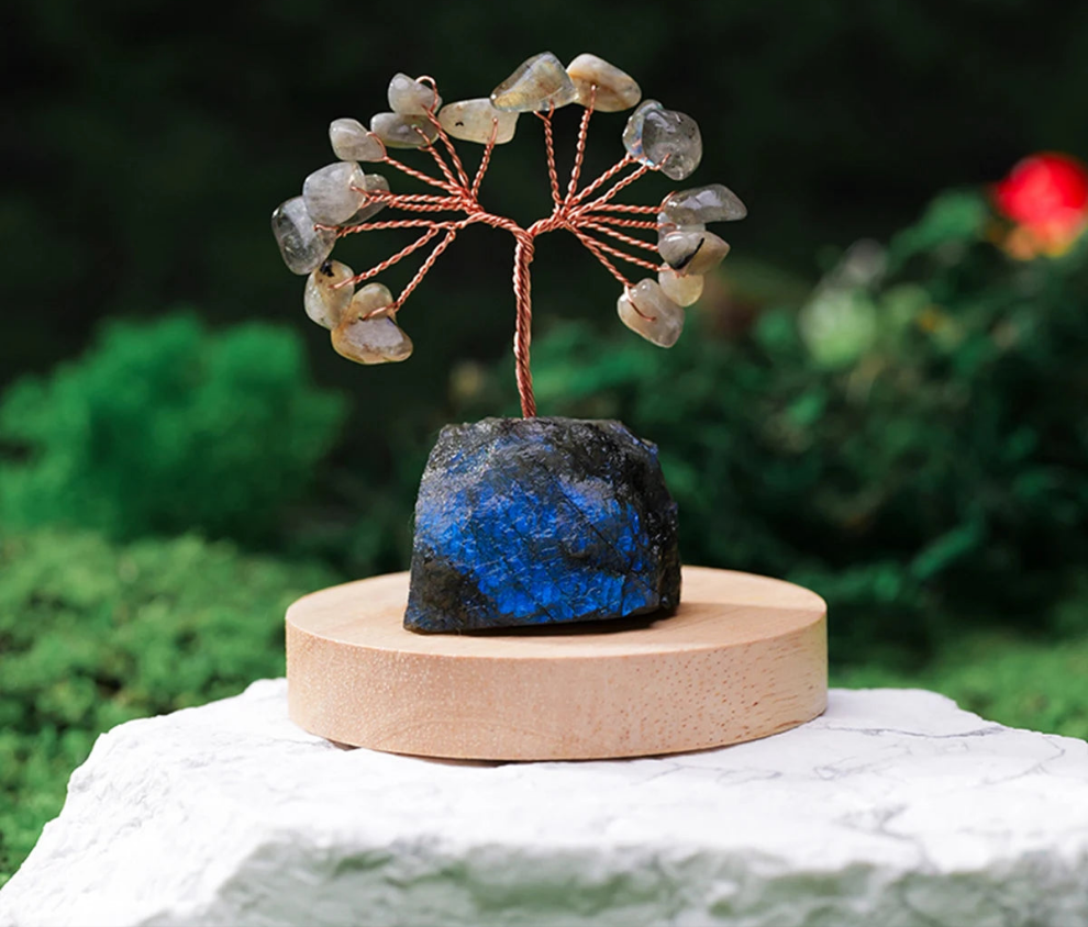 Arbre Porte-Bonheur en Labradorite Naturel avec Base en Pierre Brute NeoSpiritum