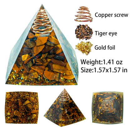 Pyramide Orgonite en Oeil de Tigre avec Feuilles d’Or et Fil de Cuivre NeoSpiritum