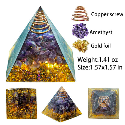 Pyramide Orgonite en Améthyste avec Feuilles d’Or et Fil de Cuivre NeoSpiritum