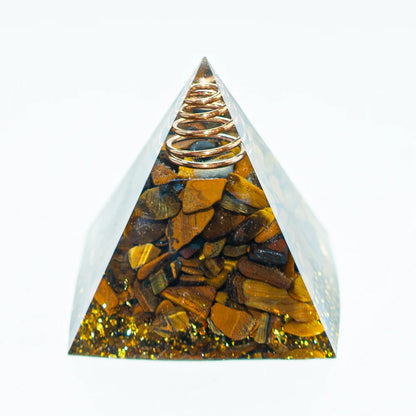 Pyramide Orgonite en Oeil de Tigre avec Feuilles d’Or et Fil de Cuivre NeoSpiritum