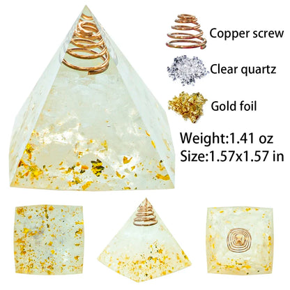 Pyramide Orgonite en Cristal de Roche avec Feuilles d’Or et Fil de Cuivre NeoSpiritum