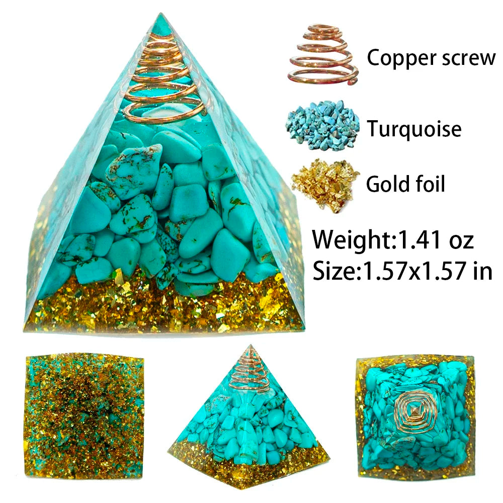 Pyramide Orgonite en Turquoise avec Feuilles d’Or et Fil de Cuivre NeoSpiritum