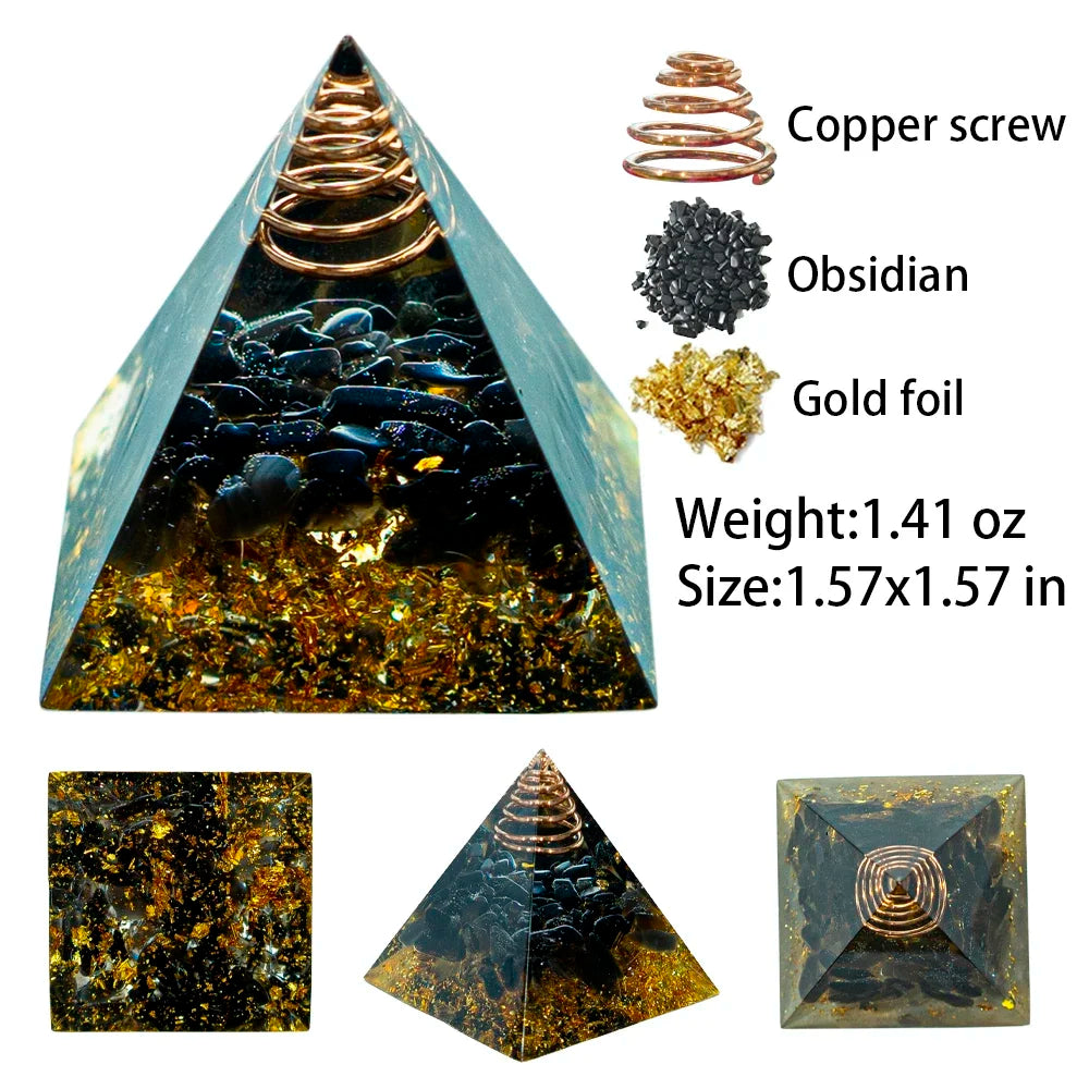 Pyramide Orgonite en Obsidienne Noir avec Feuilles d’Or et Fil de Cuivre NeoSpiritum