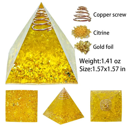 Pyramide Orgonite en Citrine avec Feuilles d’Or et Fil de Cuivre NeoSpiritum